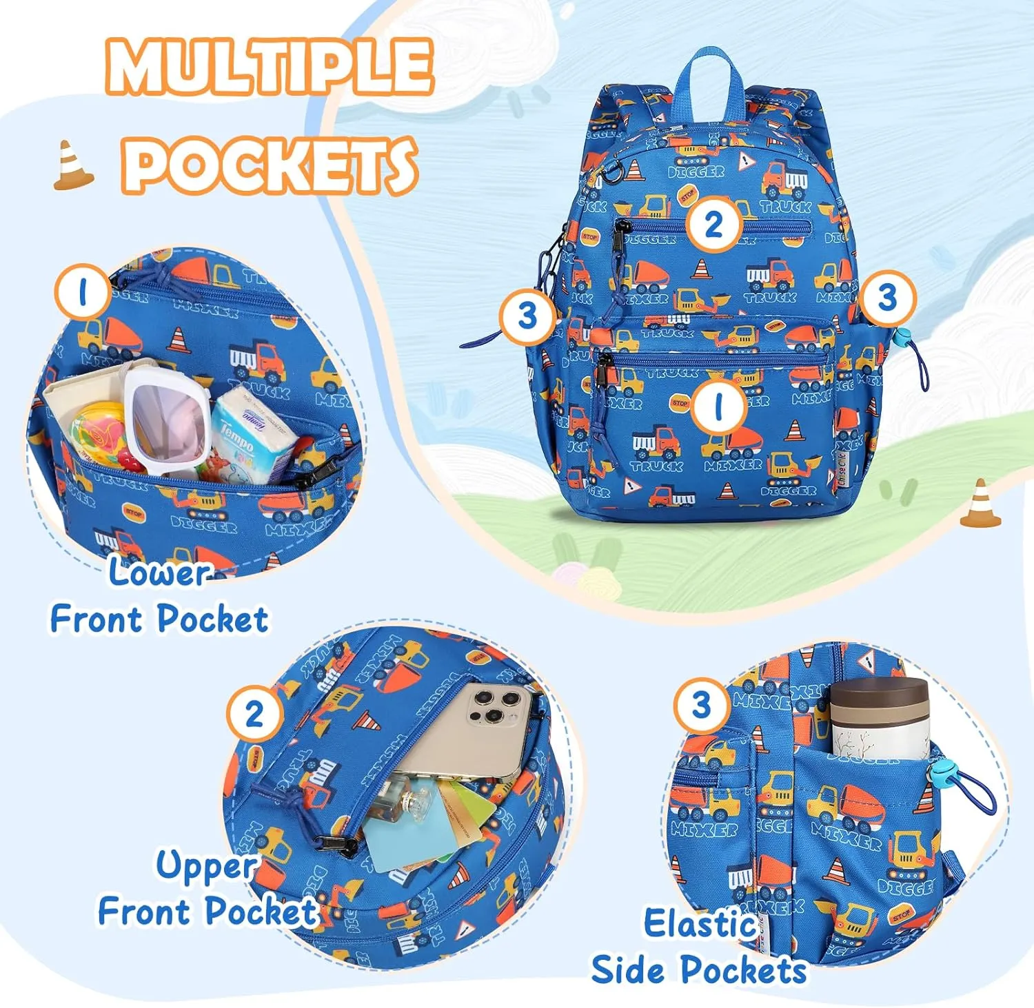 Chase Chic Toddler Backpacks for Boys, 12 Inch Preschool Kindergarten Backpack for Kids 2-5,Mini Cute Toddler Bag with Chest Strap for Daycare Travel（Blue Digger）