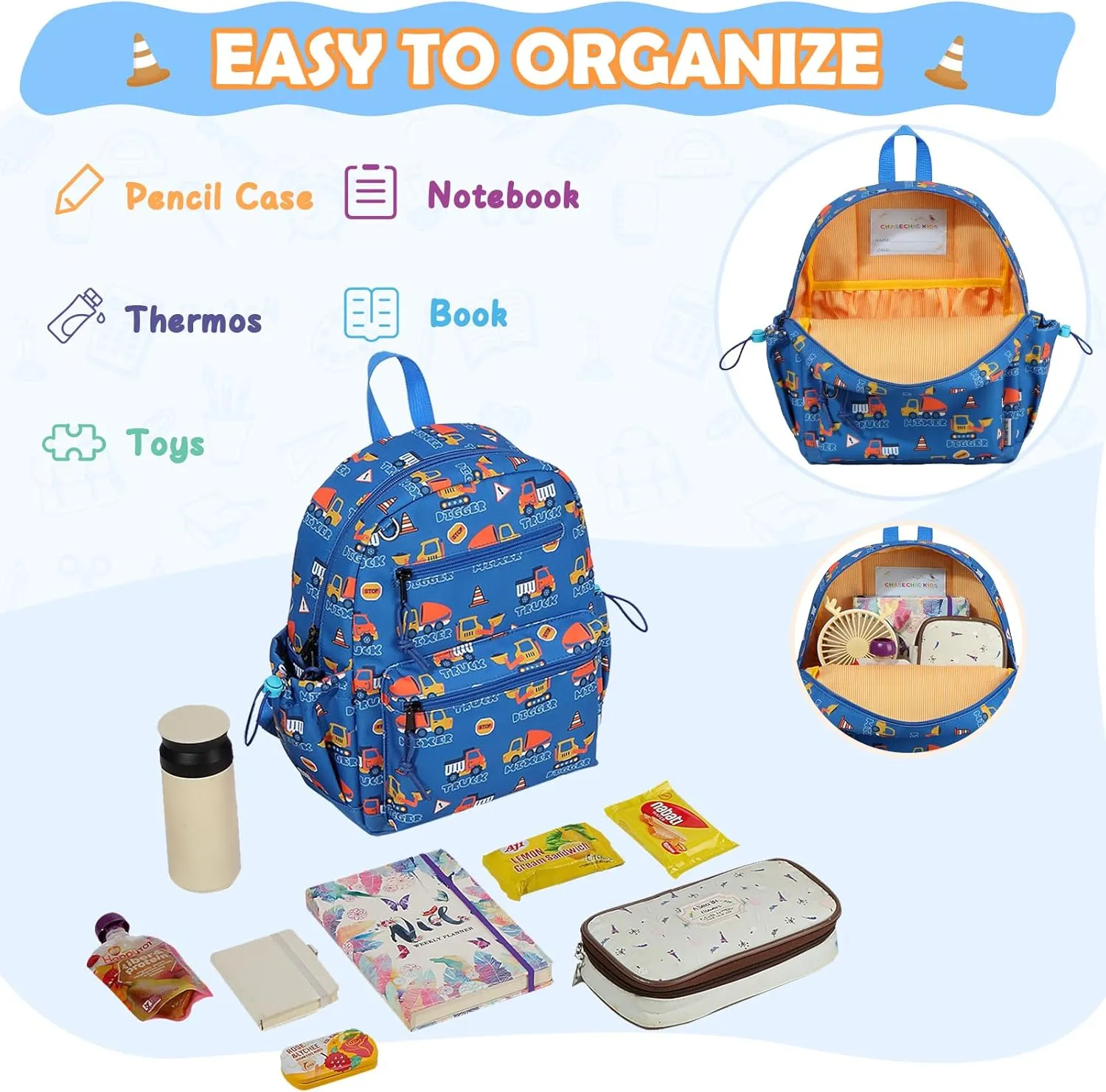 Chase Chic Toddler Backpacks for Boys, 12 Inch Preschool Kindergarten Backpack for Kids 2-5,Mini Cute Toddler Bag with Chest Strap for Daycare Travel（Blue Digger）