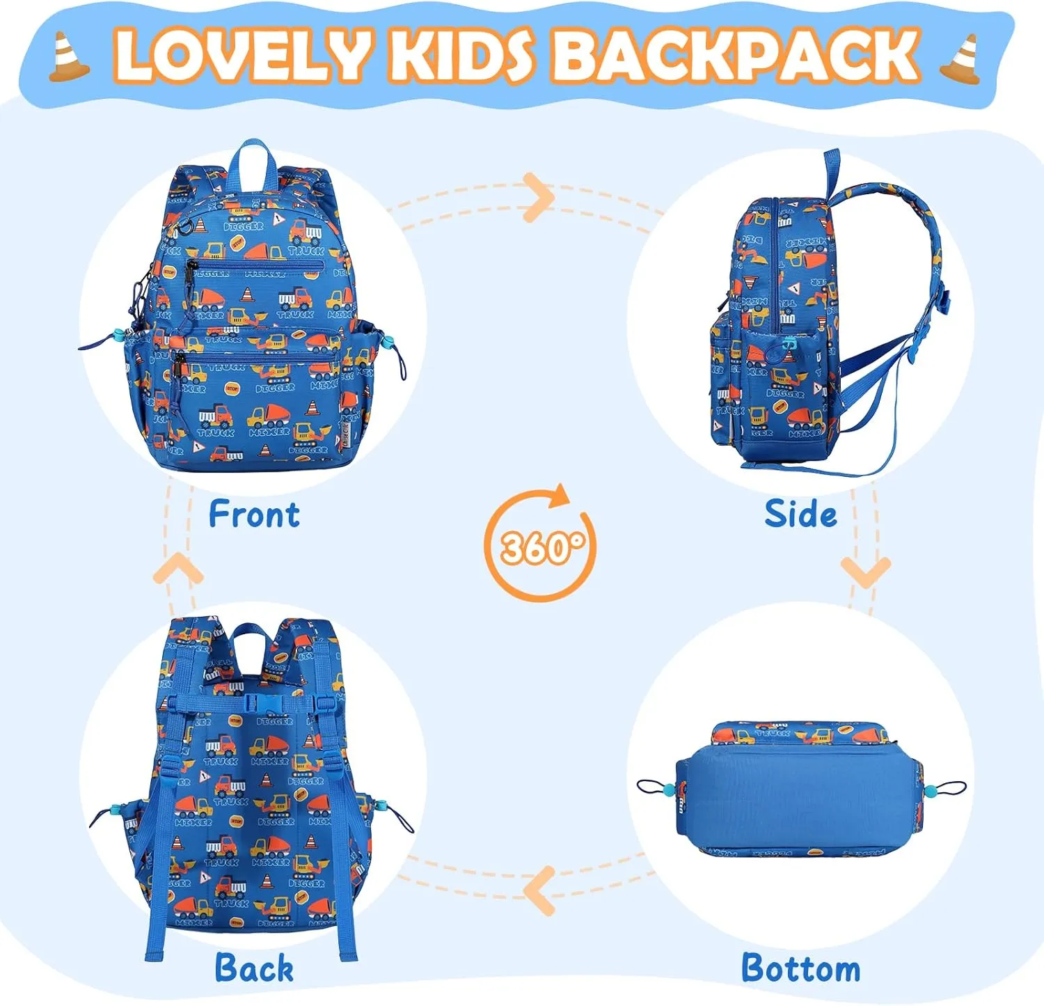 Chase Chic Toddler Backpacks for Boys, 12 Inch Preschool Kindergarten Backpack for Kids 2-5,Mini Cute Toddler Bag with Chest Strap for Daycare Travel（Blue Digger）
