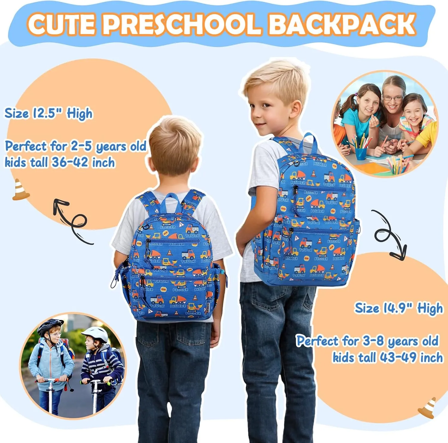 Chase Chic Toddler Backpacks for Boys, 12 Inch Preschool Kindergarten Backpack for Kids 2-5,Mini Cute Toddler Bag with Chest Strap for Daycare Travel（Blue Digger）