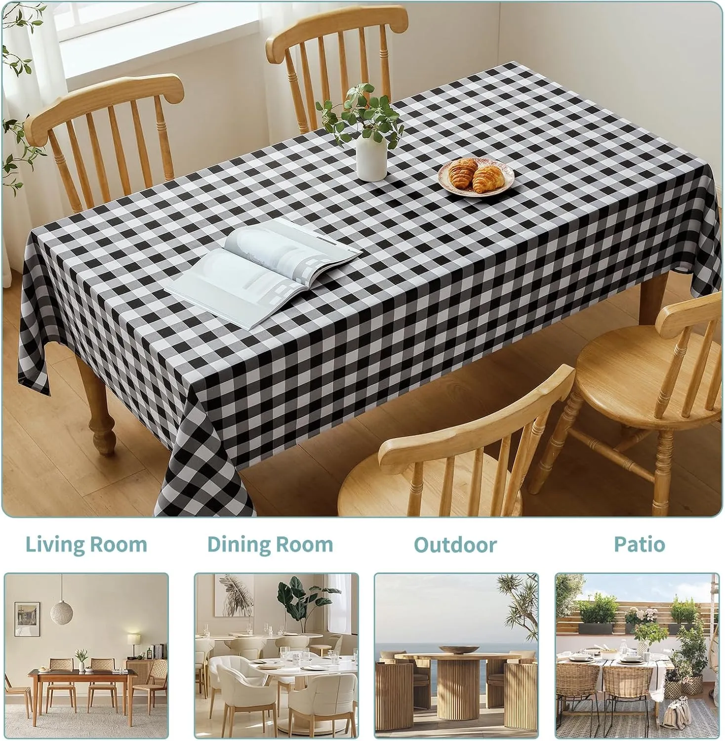 Checkered Tablecloth Rectangle Waterproof Gingham Table Cloth Washable Buffalo Plaid Table Cover Wrinkle Free for Kitchen, Dining and Outdoor Picnic, 60 x 84 Inch, Black and White