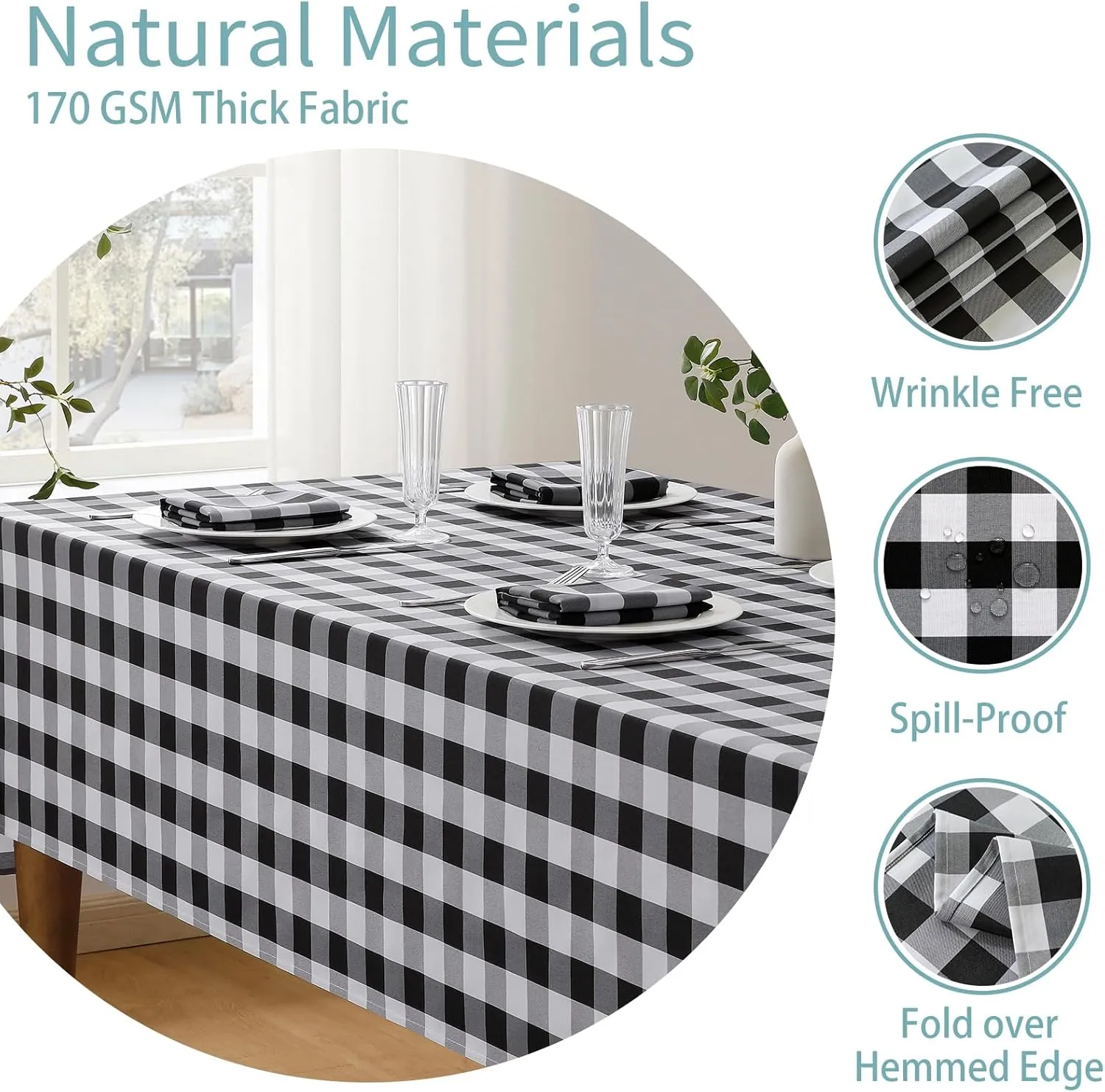 Checkered Tablecloth Rectangle Waterproof Gingham Table Cloth Washable Buffalo Plaid Table Cover Wrinkle Free for Kitchen, Dining and Outdoor Picnic, 60 x 84 Inch, Black and White