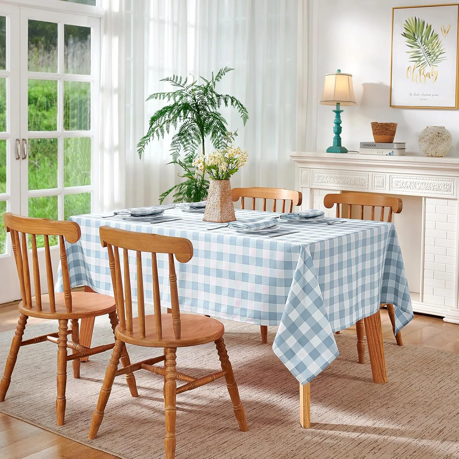 Checkered Tablecloth Rectangle Waterproof Gingham Table Cloth Washable Buffalo Plaid Table Cover Wrinkle Free for Kitchen, Dining and Outdoor Picnic, 60 x 84 Inch, Light Blue and White