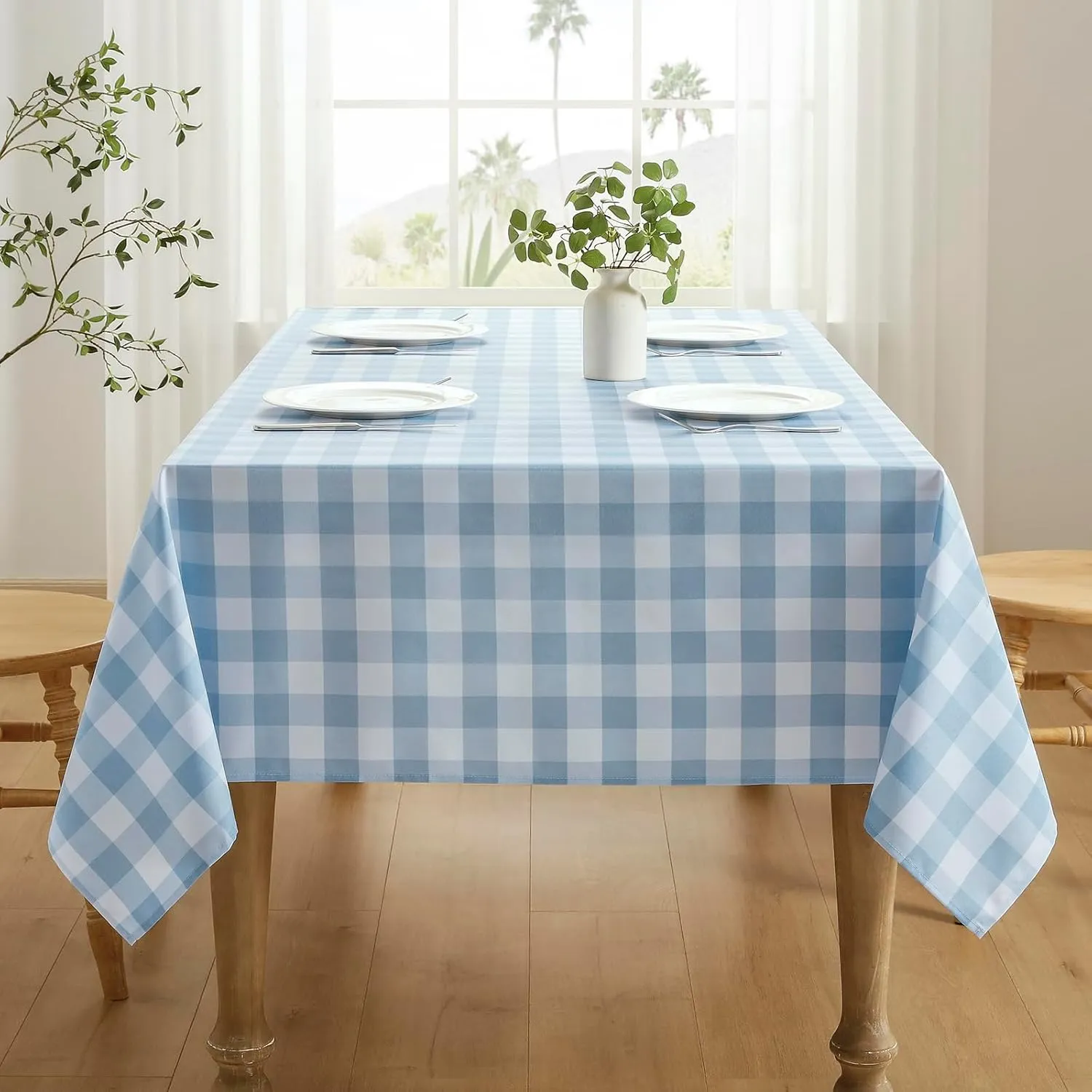 Checkered Tablecloth Rectangle Waterproof Gingham Table Cloth Washable Buffalo Plaid Table Cover Wrinkle Free for Kitchen, Dining and Outdoor Picnic, 60 x 84 Inch, Light Blue and White