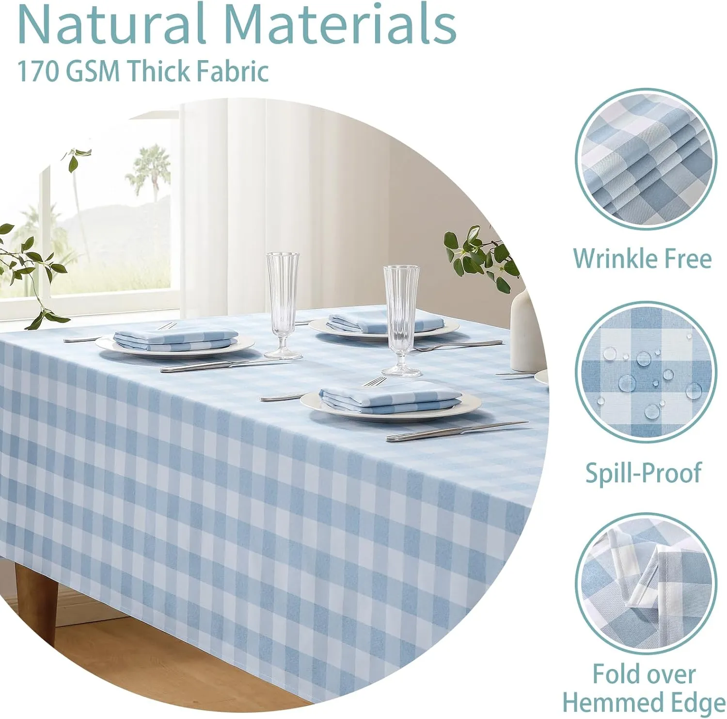 Checkered Tablecloth Rectangle Waterproof Gingham Table Cloth Washable Buffalo Plaid Table Cover Wrinkle Free for Kitchen, Dining and Outdoor Picnic, 60 x 84 Inch, Light Blue and White