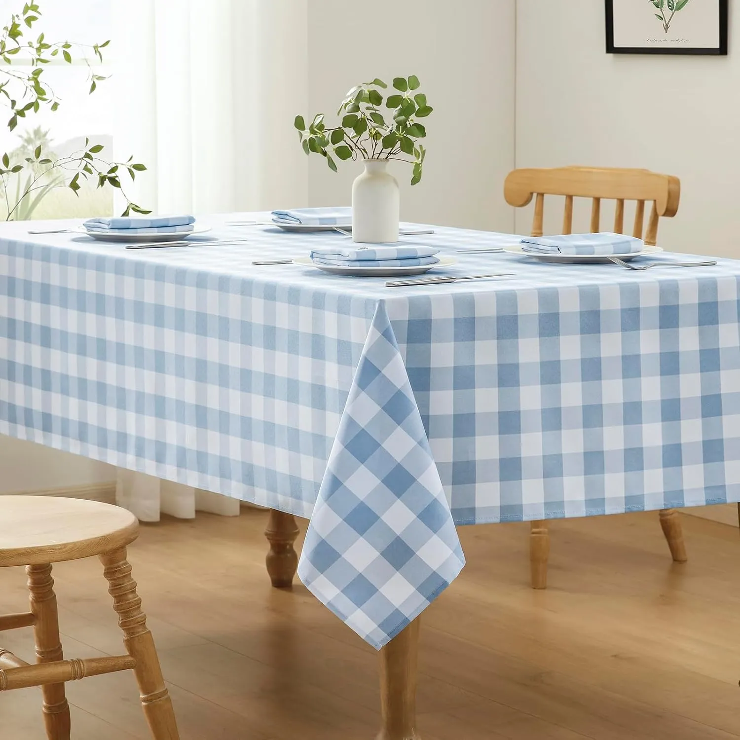 Checkered Tablecloth Rectangle Waterproof Gingham Table Cloth Washable Buffalo Plaid Table Cover Wrinkle Free for Kitchen, Dining and Outdoor Picnic, 60 x 84 Inch, Light Blue and White