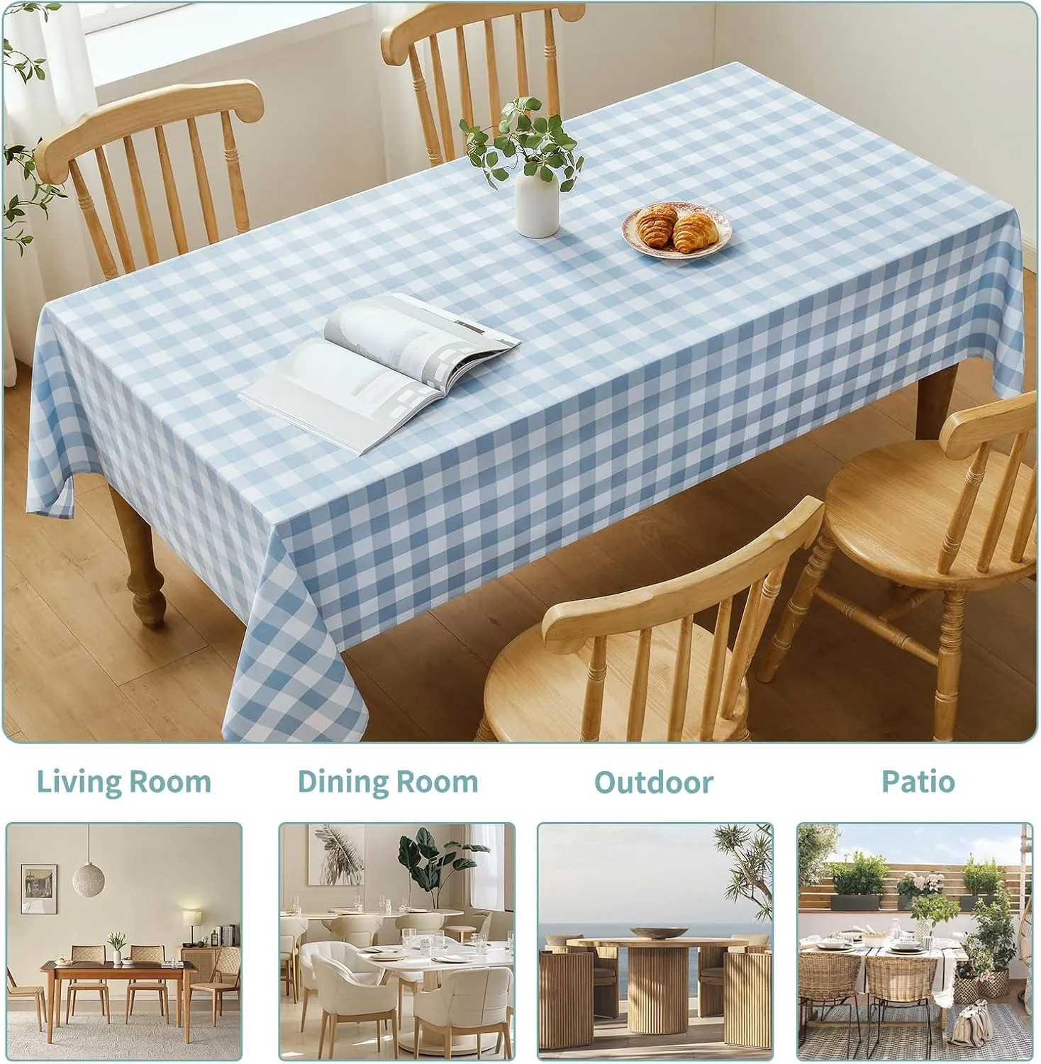 Checkered Tablecloth Rectangle Waterproof Gingham Table Cloth Washable Buffalo Plaid Table Cover Wrinkle Free for Kitchen, Dining and Outdoor Picnic, 60 x 84 Inch, Light Blue and White