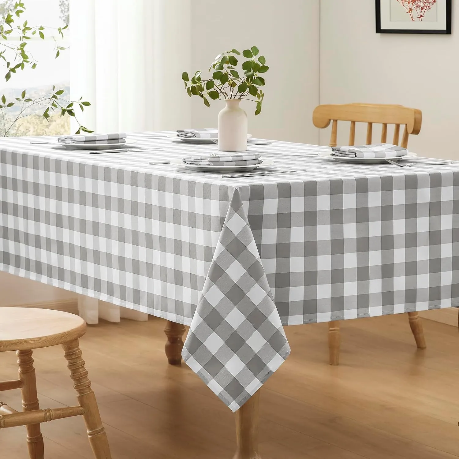 Checkered Tablecloth Rectangle Waterproof Gingham Table Cloth Washable Buffalo Plaid Table Cover Wrinkle Free for Kitchen, Dining and Outdoor Picnic, 60 x 84 Inch, Light Grey and White