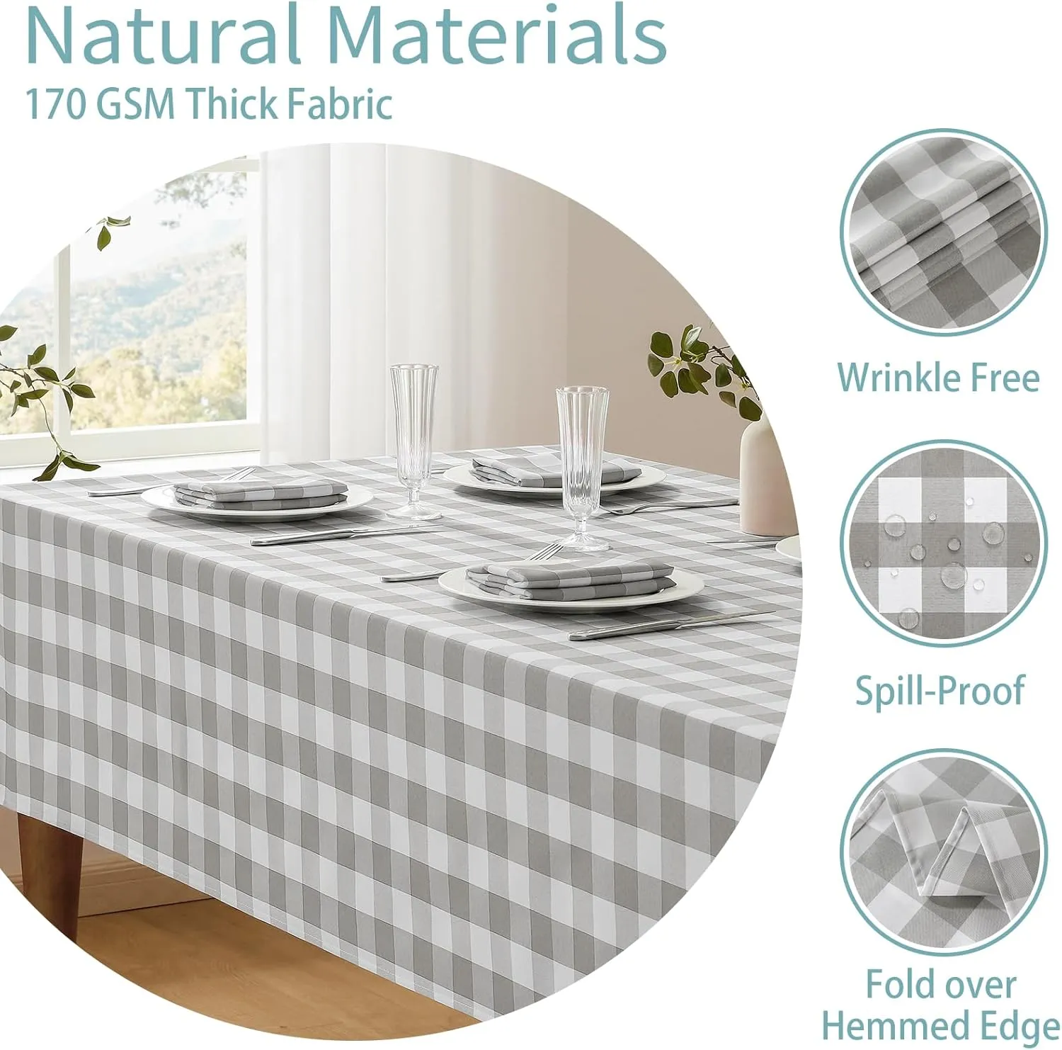 Checkered Tablecloth Rectangle Waterproof Gingham Table Cloth Washable Buffalo Plaid Table Cover Wrinkle Free for Kitchen, Dining and Outdoor Picnic, 60 x 84 Inch, Light Grey and White
