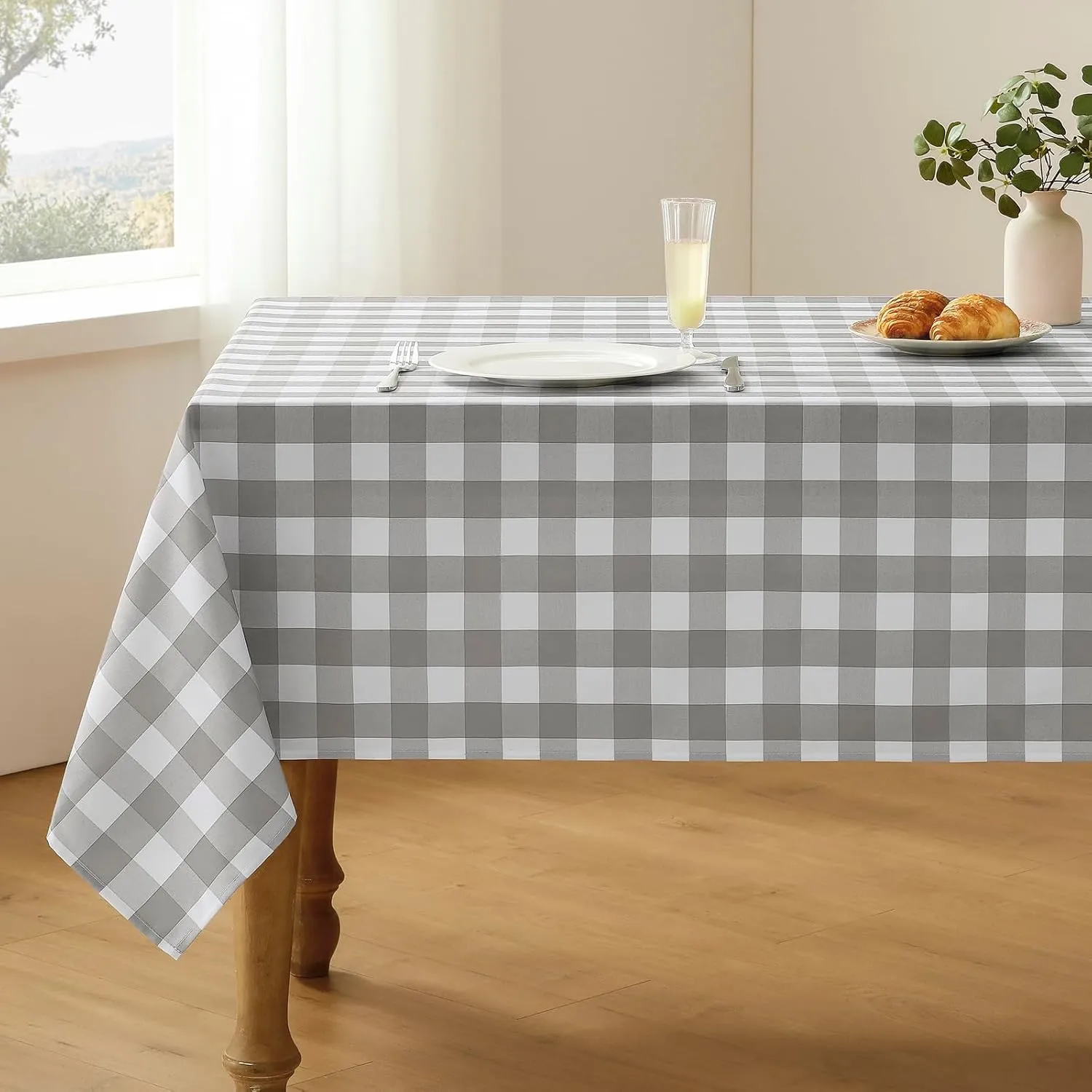 Checkered Tablecloth Rectangle Waterproof Gingham Table Cloth Washable Buffalo Plaid Table Cover Wrinkle Free for Kitchen, Dining and Outdoor Picnic, 60 x 84 Inch, Light Grey and White