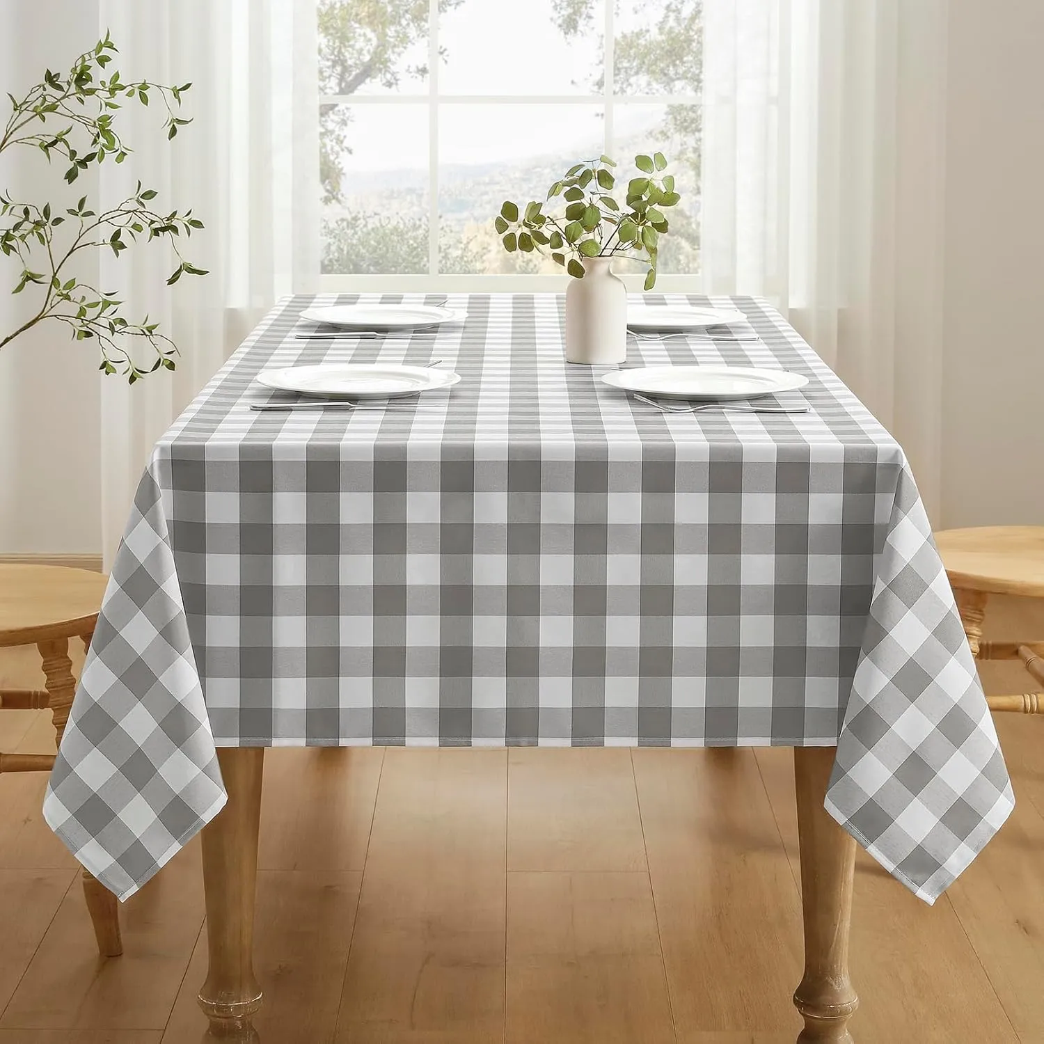 Checkered Tablecloth Rectangle Waterproof Gingham Table Cloth Washable Buffalo Plaid Table Cover Wrinkle Free for Kitchen, Dining and Outdoor Picnic, 60 x 84 Inch, Light Grey and White