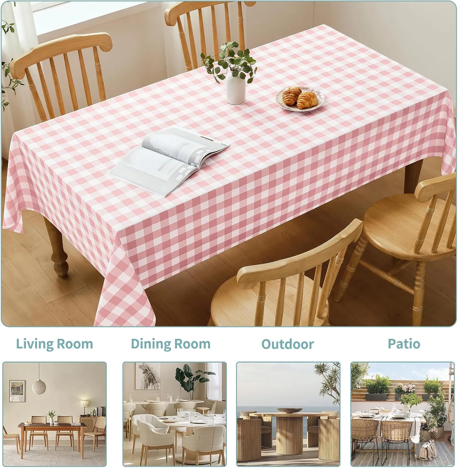 Checkered Tablecloth Rectangle Waterproof Gingham Table Cloth Washable Buffalo Plaid Table Cover Wrinkle Free for Kitchen, Dining and Outdoor Picnic, 60 x 84 Inch, Pink and White