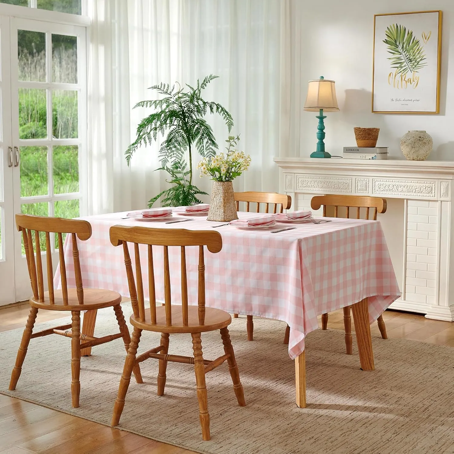 Checkered Tablecloth Rectangle Waterproof Gingham Table Cloth Washable Buffalo Plaid Table Cover Wrinkle Free for Kitchen, Dining and Outdoor Picnic, 60 x 84 Inch, Pink and White