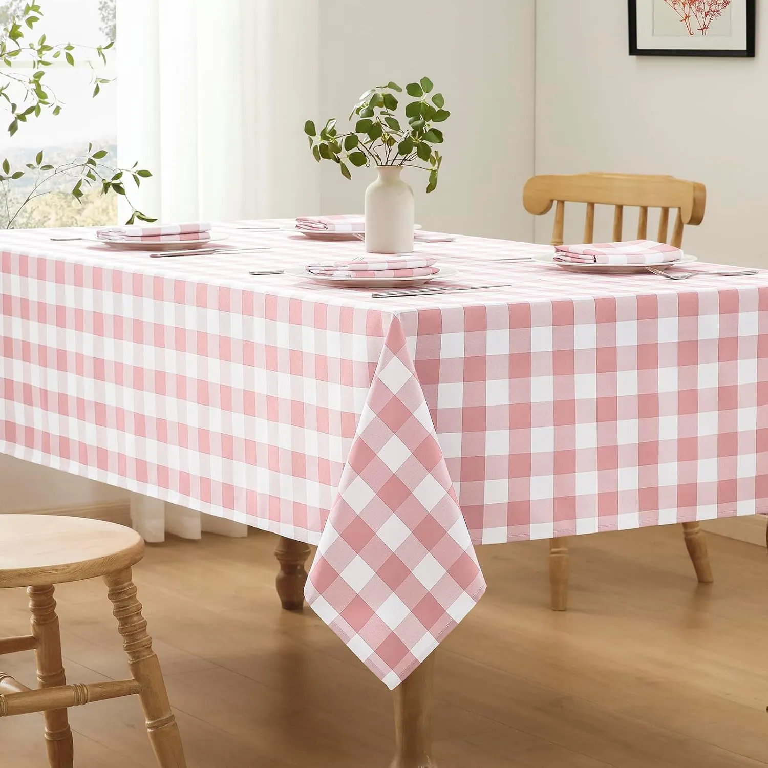Checkered Tablecloth Rectangle Waterproof Gingham Table Cloth Washable Buffalo Plaid Table Cover Wrinkle Free for Kitchen, Dining and Outdoor Picnic, 60 x 84 Inch, Pink and White