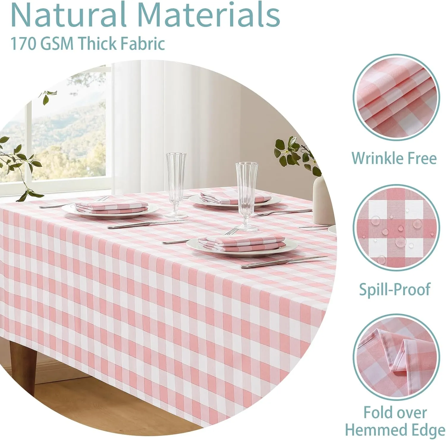 Checkered Tablecloth Rectangle Waterproof Gingham Table Cloth Washable Buffalo Plaid Table Cover Wrinkle Free for Kitchen, Dining and Outdoor Picnic, 60 x 84 Inch, Pink and White