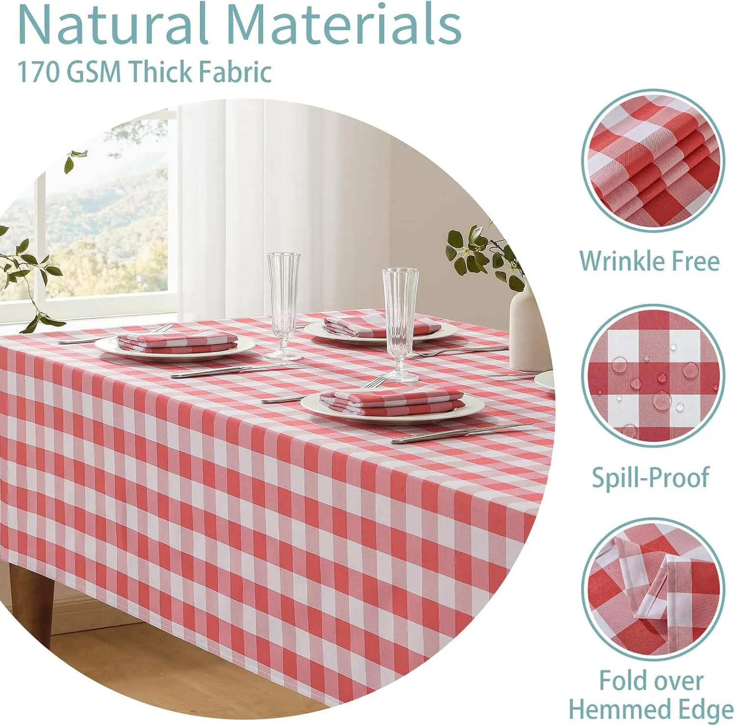 Checkered Tablecloth Rectangle Waterproof Gingham Table Cloth Washable Buffalo Plaid Table Cover Wrinkle Free for Kitchen, Dining and Outdoor Picnic, 60 x 84 Inch, Red and White