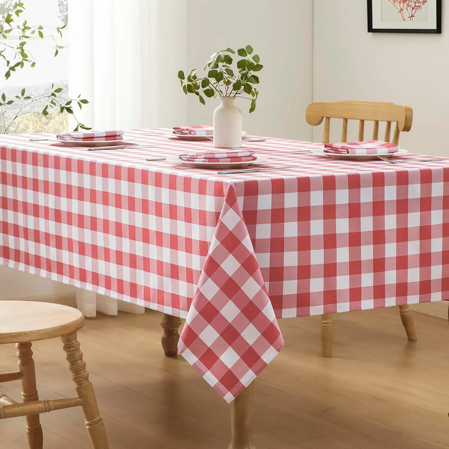 Checkered Tablecloth Rectangle Waterproof Gingham Table Cloth Washable Buffalo Plaid Table Cover Wrinkle Free for Kitchen, Dining and Outdoor Picnic, 60 x 84 Inch, Red and White