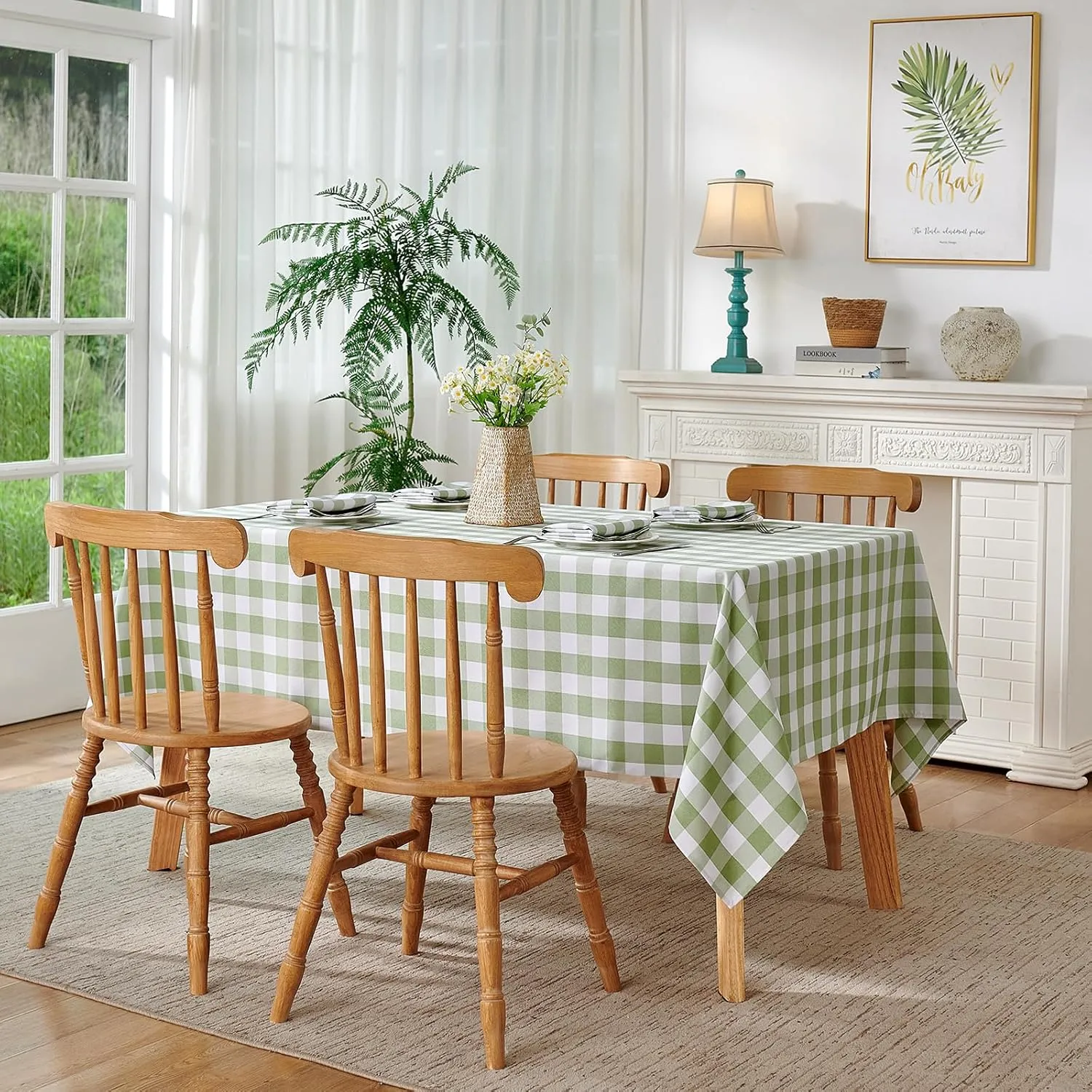 Checkered Tablecloth Rectangle Waterproof Gingham Table Cloth Washable Buffalo Plaid Table Cover Wrinkle Free for Kitchen, Dining and Outdoor Picnic, 60 x 84 Inch, Sage Green and White