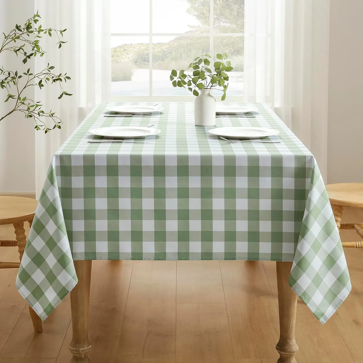 Checkered Tablecloth Rectangle Waterproof Gingham Table Cloth Washable Buffalo Plaid Table Cover Wrinkle Free for Kitchen, Dining and Outdoor Picnic, 60 x 84 Inch, Sage Green and White
