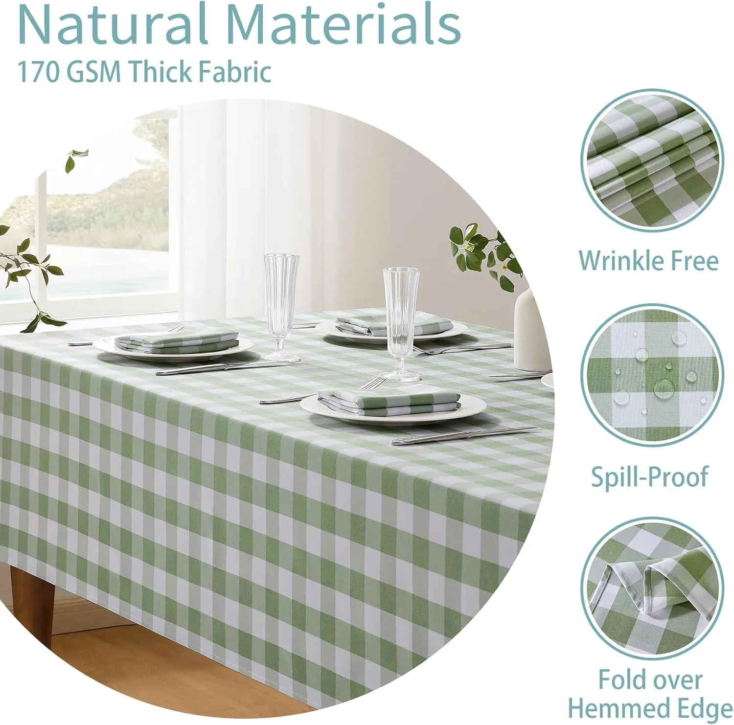 Checkered Tablecloth Rectangle Waterproof Gingham Table Cloth Washable Buffalo Plaid Table Cover Wrinkle Free for Kitchen, Dining and Outdoor Picnic, 60 x 84 Inch, Sage Green and White