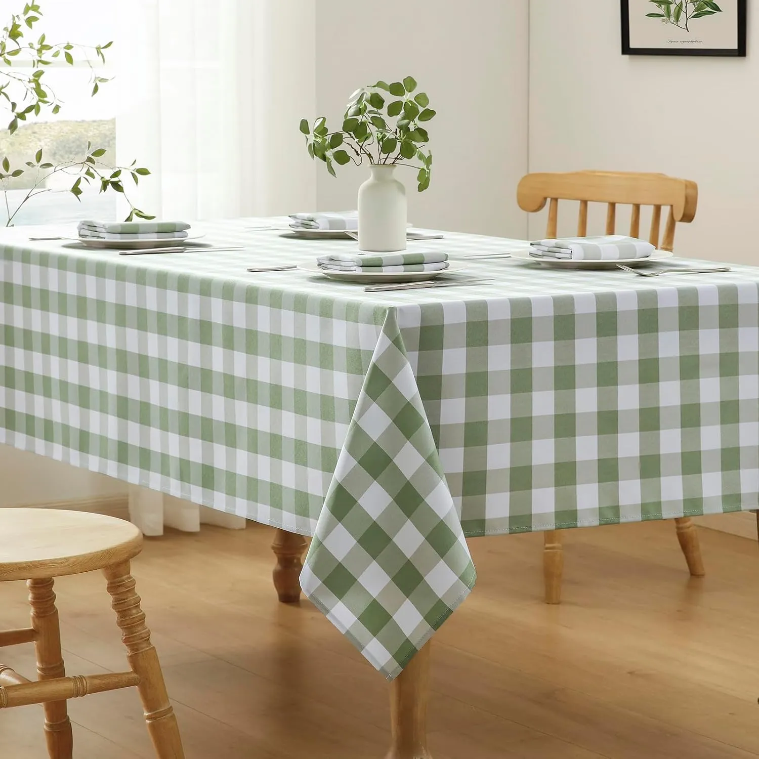 Checkered Tablecloth Rectangle Waterproof Gingham Table Cloth Washable Buffalo Plaid Table Cover Wrinkle Free for Kitchen, Dining and Outdoor Picnic, 60 x 84 Inch, Sage Green and White