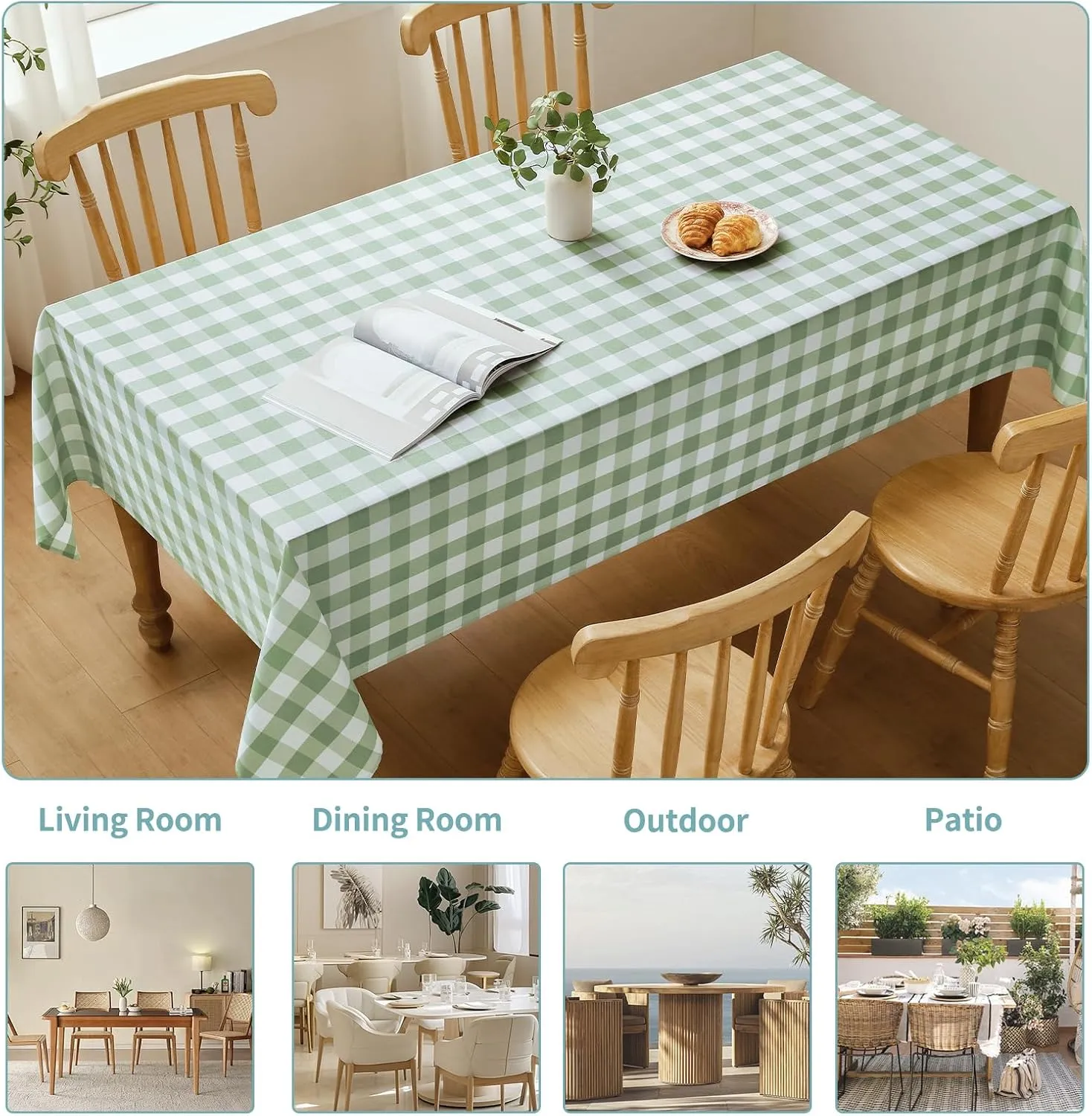 Checkered Tablecloth Rectangle Waterproof Gingham Table Cloth Washable Buffalo Plaid Table Cover Wrinkle Free for Kitchen, Dining and Outdoor Picnic, 60 x 84 Inch, Sage Green and White