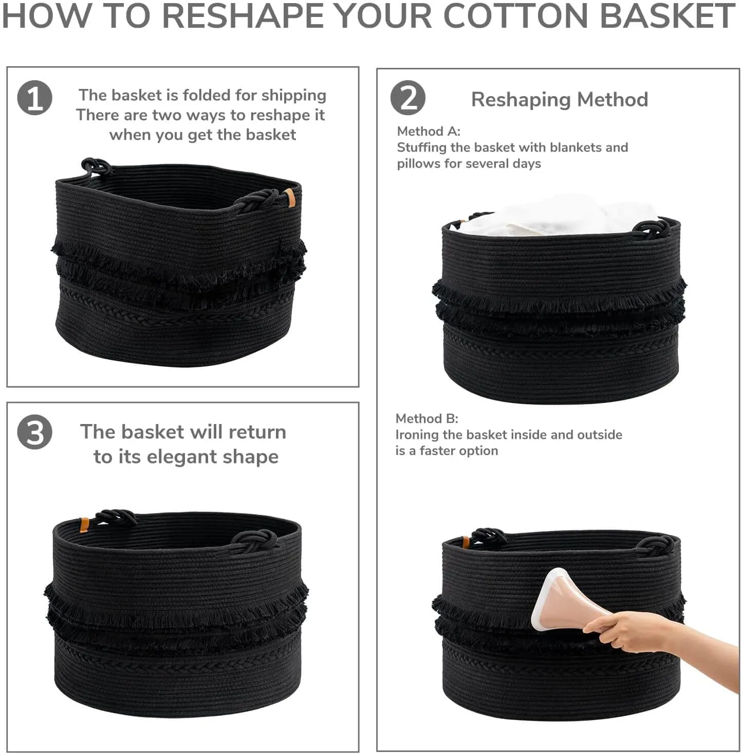 CherryNow Extra Large Black Laundry Basket, Rope Storage Basket for Bathroom, Bedroom, Living room, Entryway, Big Blanket Baskets for Pillows, Toys, Clothes, 22 x 14 inches