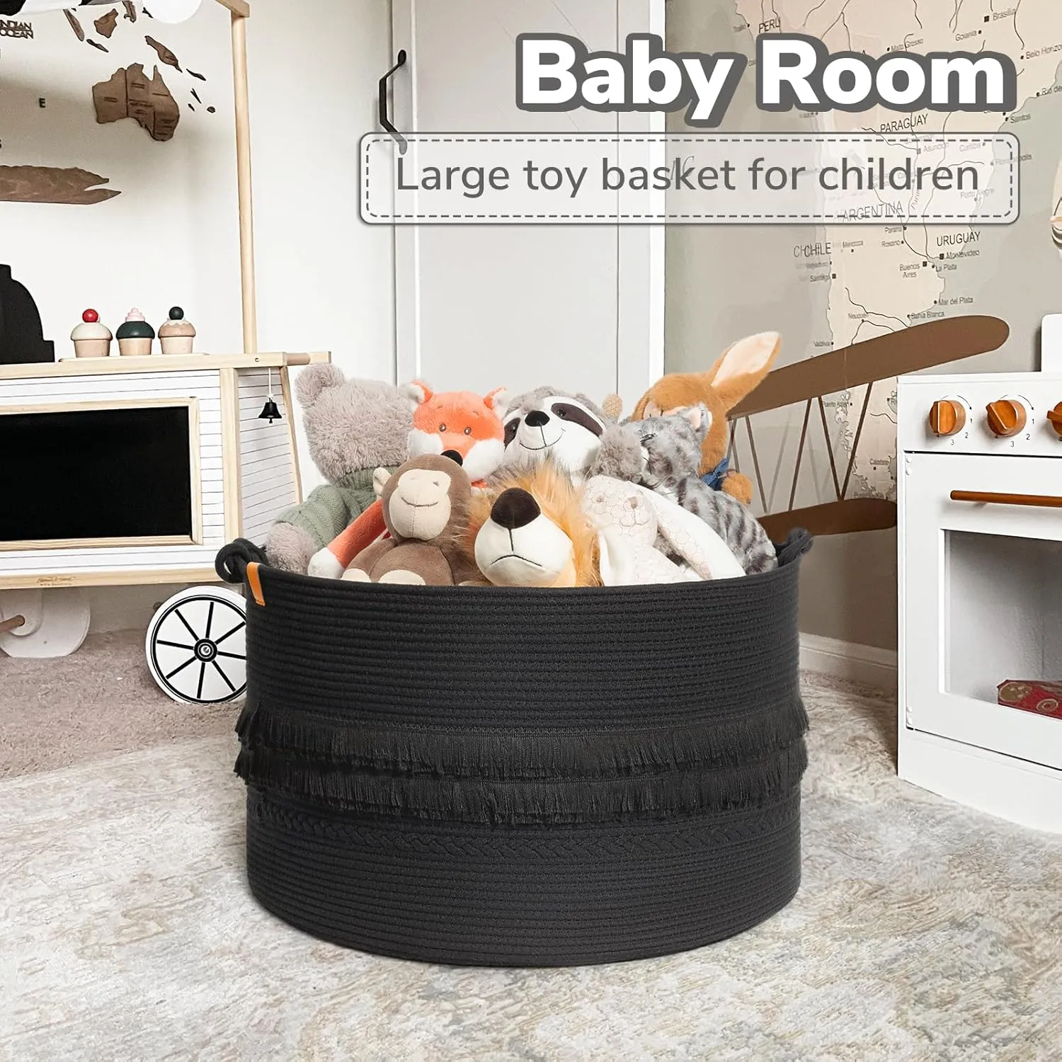CherryNow Extra Large Black Laundry Basket, Rope Storage Basket for Bathroom, Bedroom, Living room, Entryway, Big Blanket Baskets for Pillows, Toys, Clothes, 22 x 14 inches