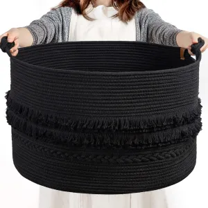 CherryNow Extra Large Black Laundry Basket, Rope Storage Basket for Bathroom, Bedroom, Living room, Entryway, Big Blanket Baskets for Pillows, Toys, Clothes, 22 x 14 inches