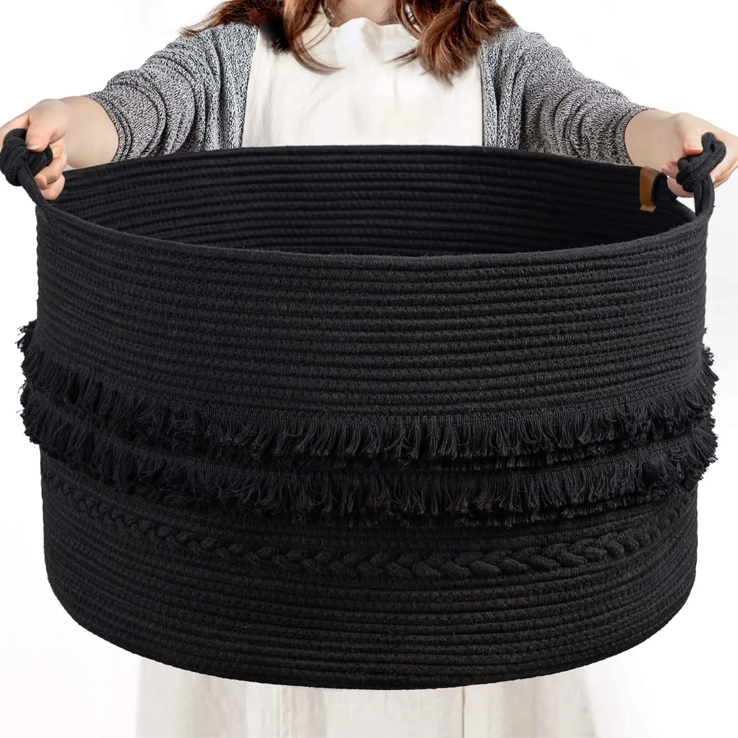 CherryNow Extra Large Black Laundry Basket, Rope Storage Basket for Bathroom, Bedroom, Living room, Entryway, Big Blanket Baskets for Pillows, Toys, Clothes, 22 x 14 inches