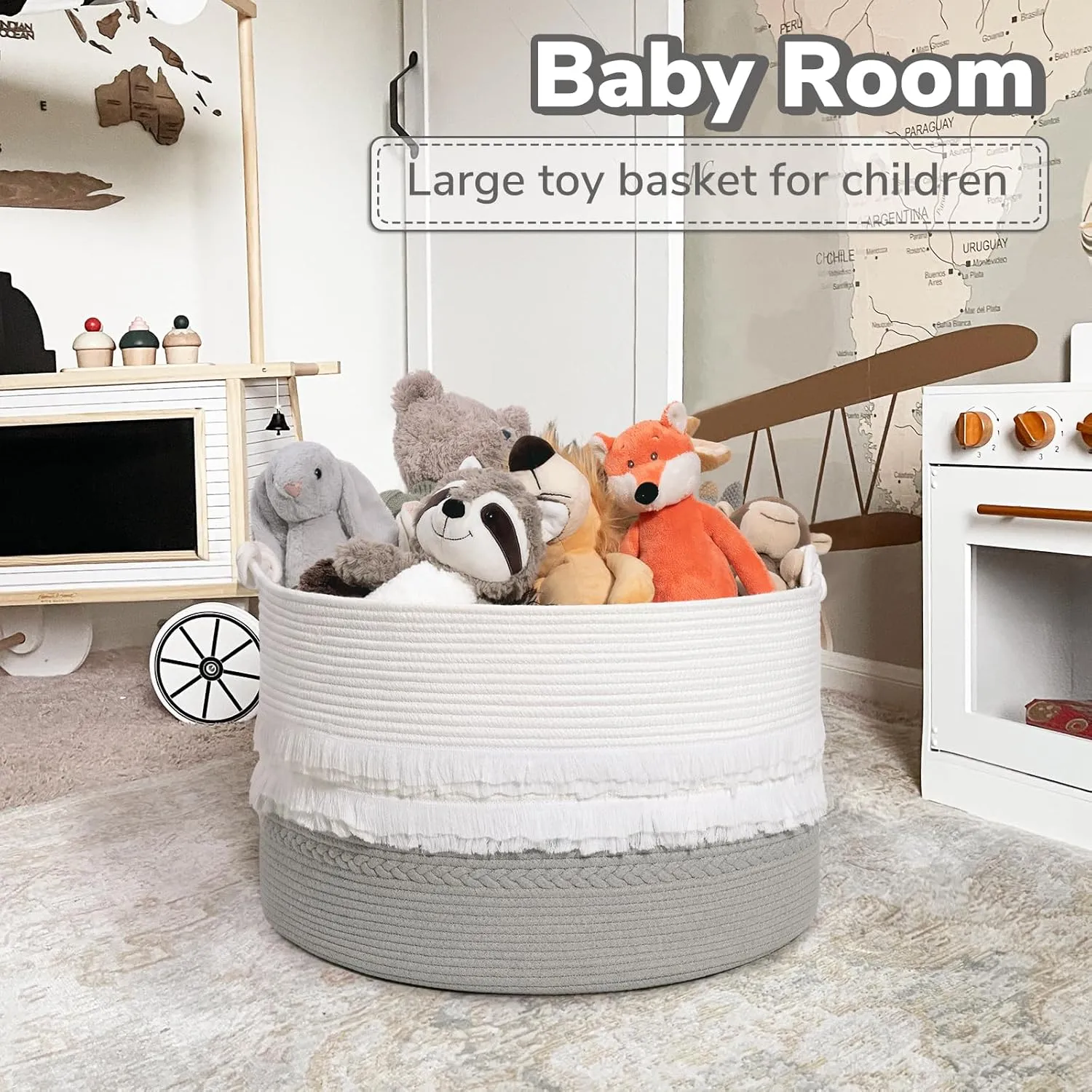 CherryNow Extra Large Rope Basket for Toys, Grey Blanket Basket for Living Room, Entryway, Nursery Laundry Baskets for Clothes, 22 x 14 inches, 83L
