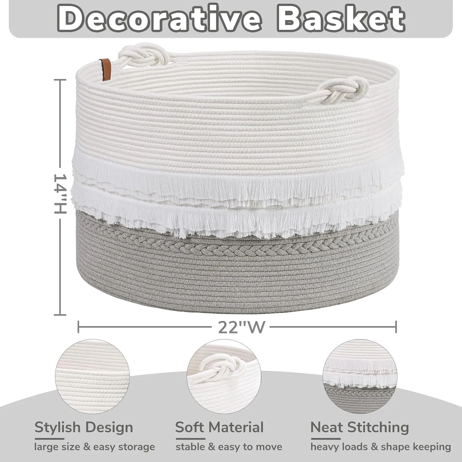CherryNow Extra Large Rope Basket for Toys, Grey Blanket Basket for Living Room, Entryway, Nursery Laundry Baskets for Clothes, 22 x 14 inches, 83L