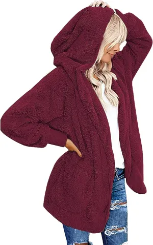 CHICGAL Womens Fuzzy Jacket Hooded Cardigan Open Front Sherpa Coat Outwear with Pockets