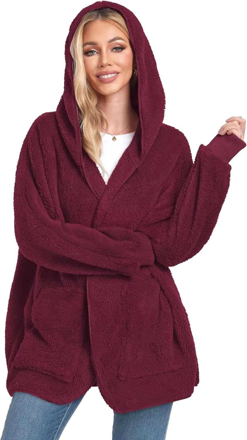 CHICGAL Womens Fuzzy Jacket Hooded Cardigan Open Front Sherpa Coat Outwear with Pockets