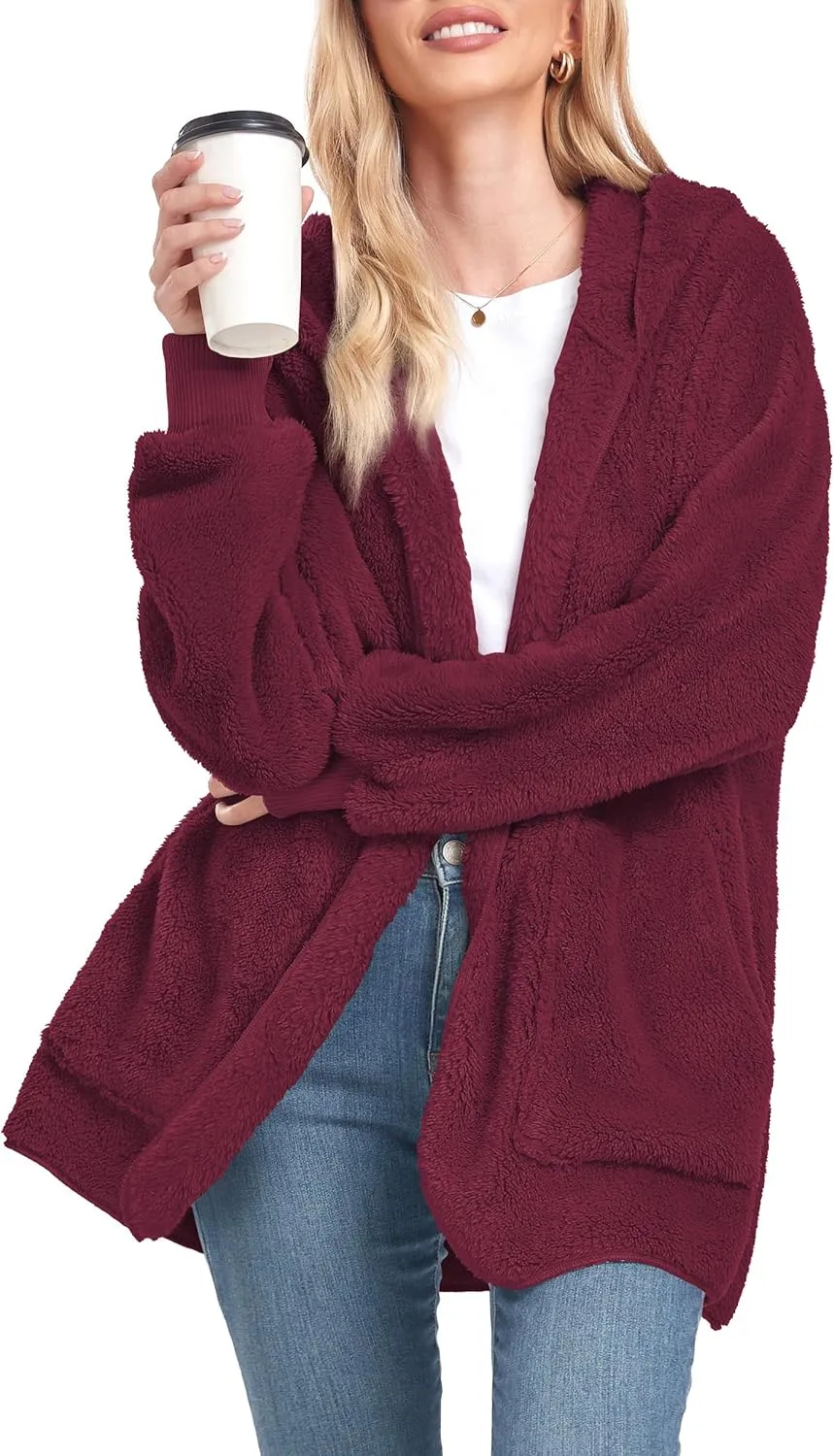 CHICGAL Womens Fuzzy Jacket Hooded Cardigan Open Front Sherpa Coat Outwear with Pockets