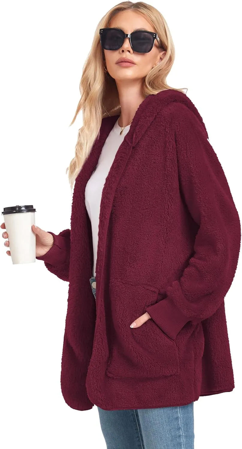 CHICGAL Womens Fuzzy Jacket Hooded Cardigan Open Front Sherpa Coat Outwear with Pockets