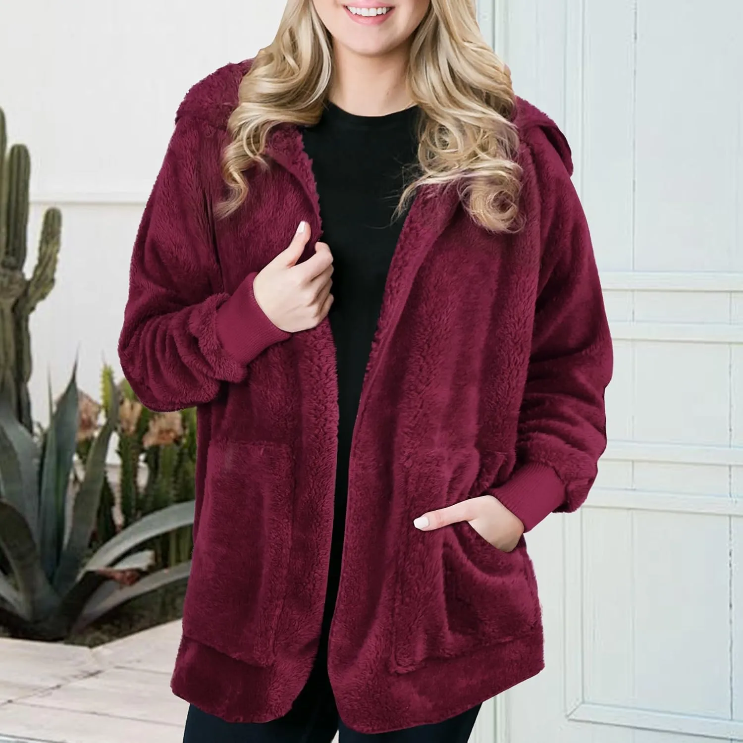 CHICGAL Womens Fuzzy Jacket Hooded Cardigan Open Front Sherpa Coat Outwear with Pockets