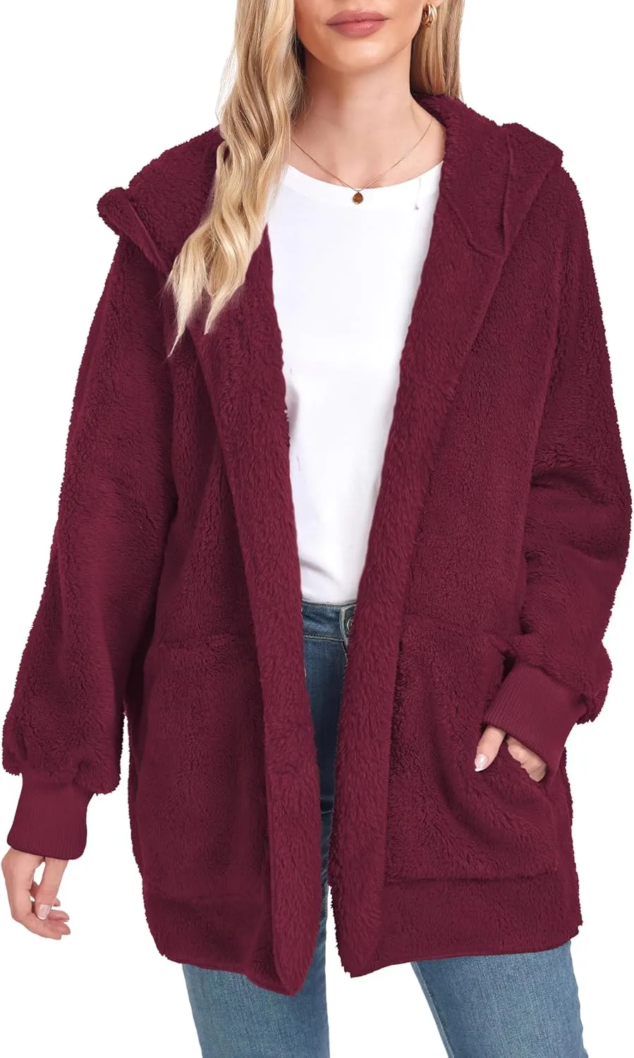 CHICGAL Womens Fuzzy Jacket Hooded Cardigan Open Front Sherpa Coat Outwear with Pockets
