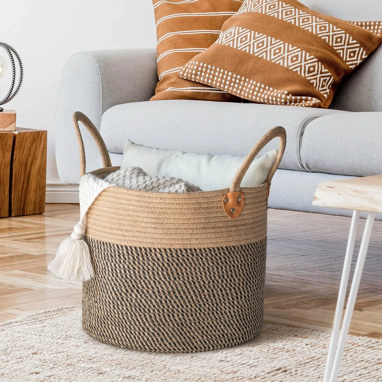 CHICVITA Wicker Laundry Basket With Handles, Storage Baskets for Decor, Rope Basket for Blankets, Toys, Clothes, Shoes, Plant Basket for Living Room, 14" X 14" X 12"