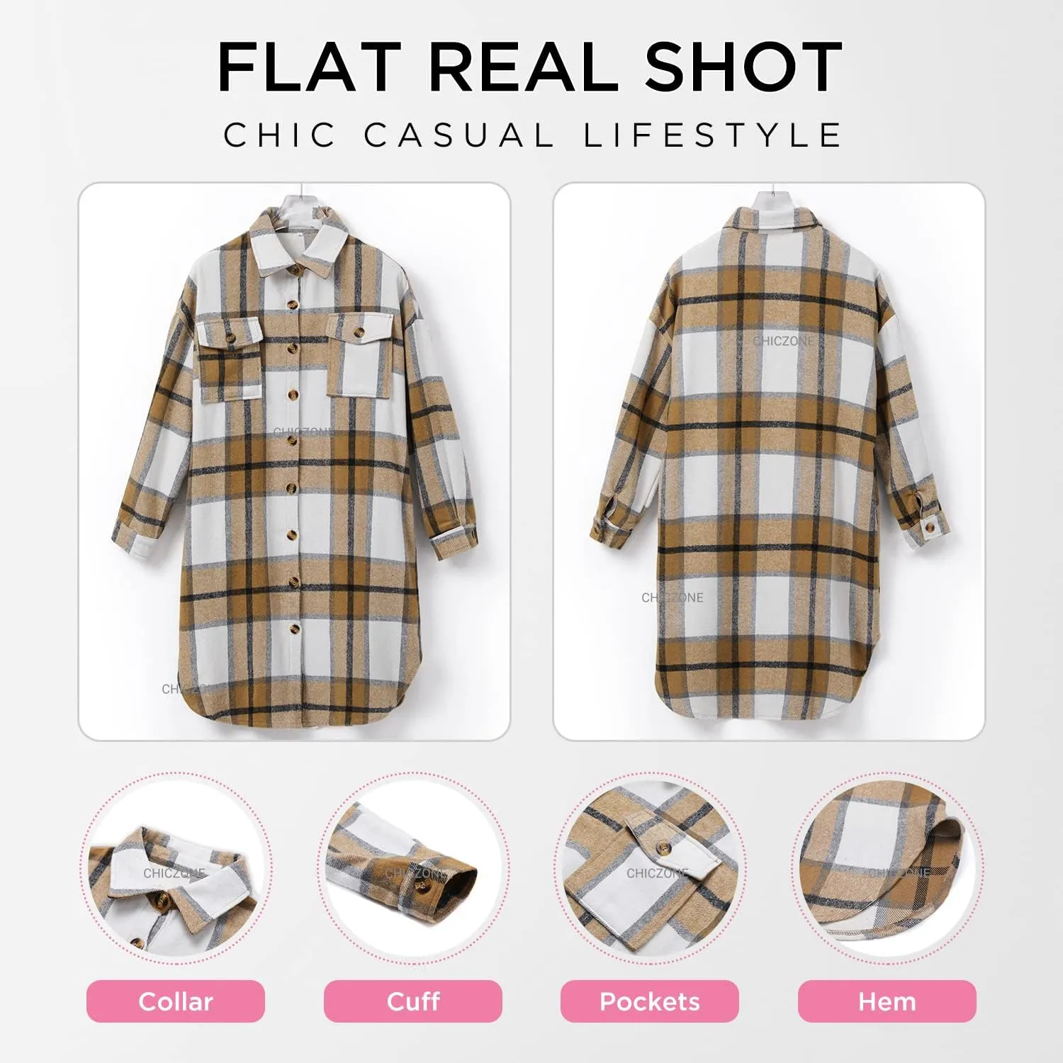 CHICZONE Womens Plaid Shacket Jacket Long Corduroy Shirt Casual Lapel Button Down Flannel Trench Coats