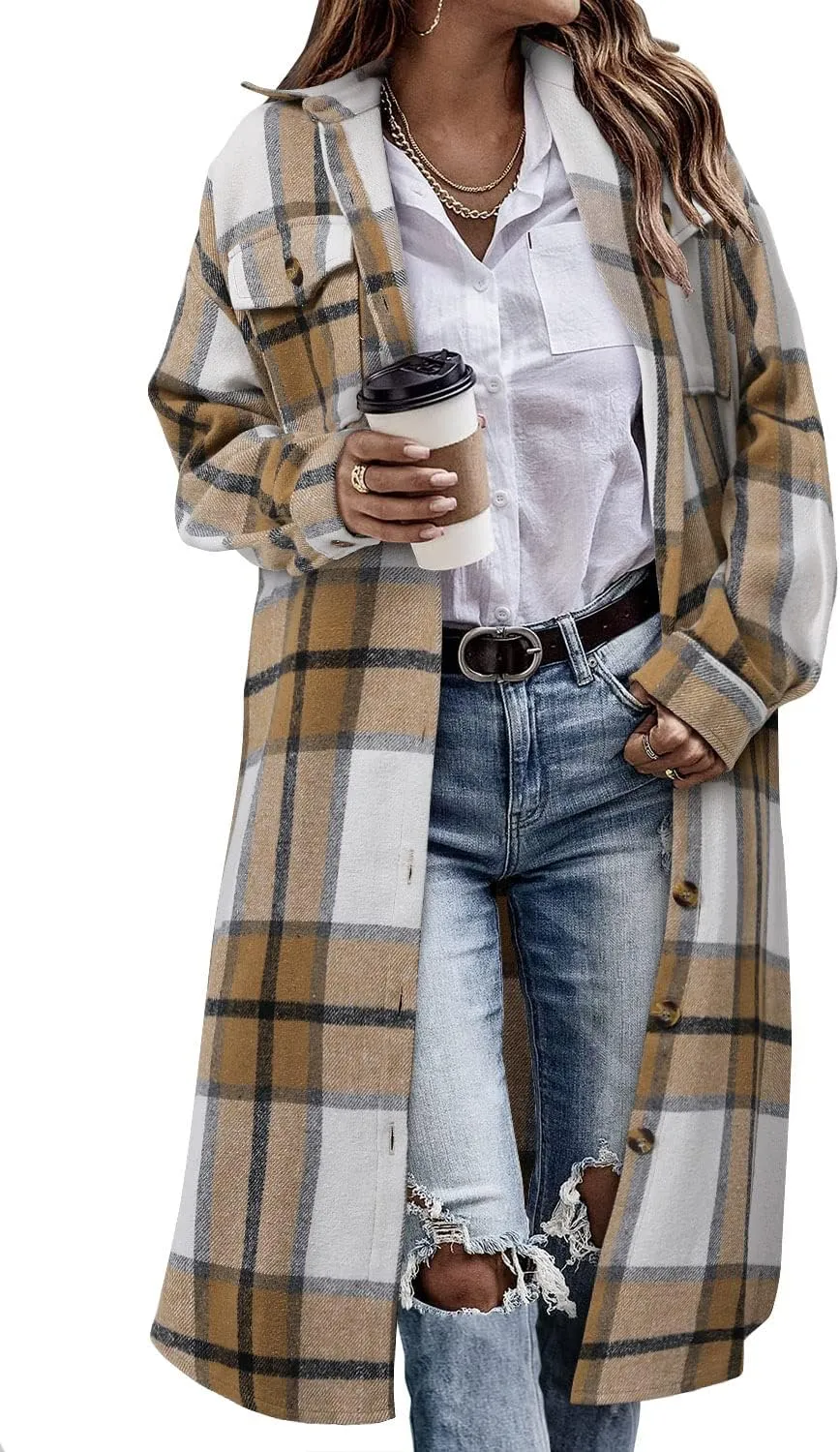 CHICZONE Womens Plaid Shacket Jacket Long Corduroy Shirt Casual Lapel Button Down Flannel Trench Coats
