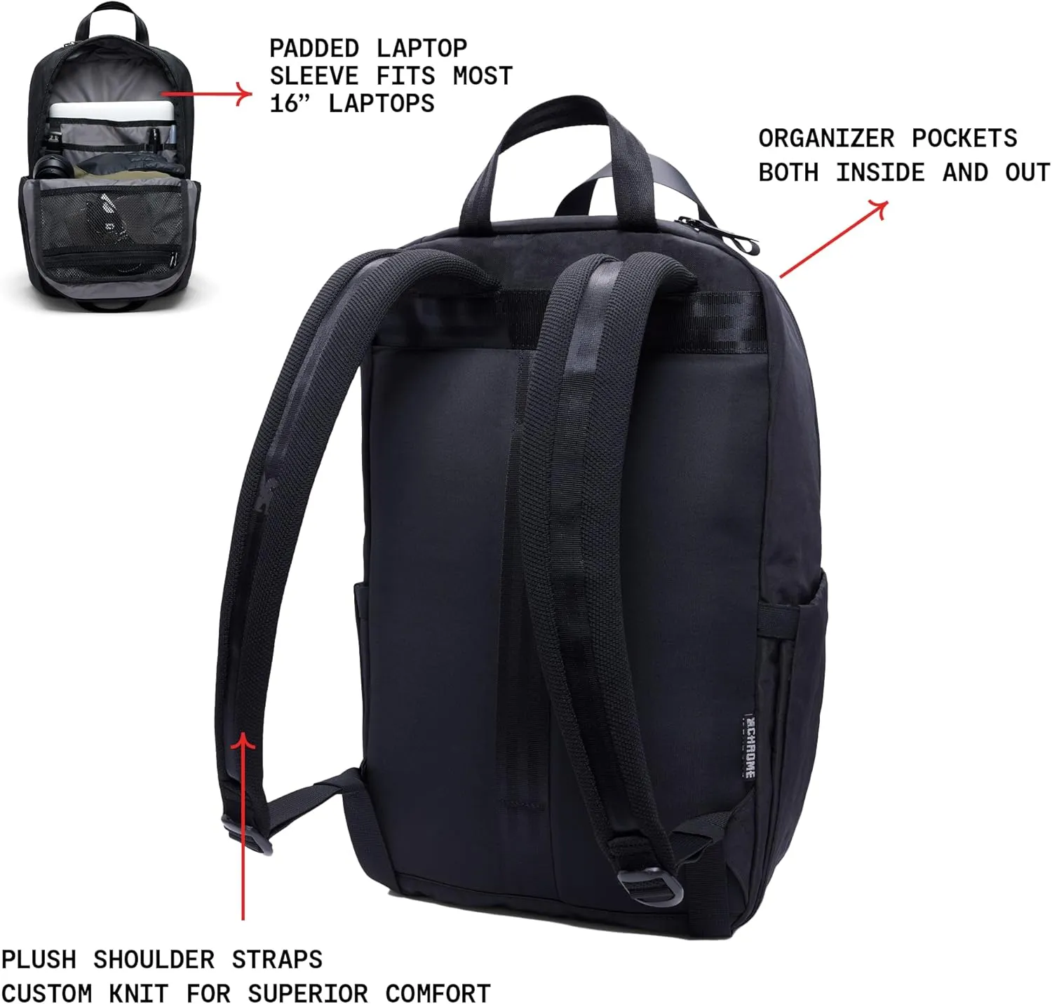 Chrome Industries Highline Backpack – Travel Bag for Men and Women with Plush Shoulder Straps, Recycled Materials, Laptop Sleeve – Black