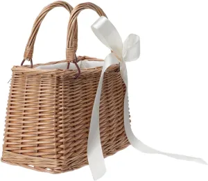 Ciieeo Rattan Girl Basket Cesta de boda Small Wicker Basket with Bowknot Handle Handbag Design Empty Basket Bin Decorative Eggs Candy Basket