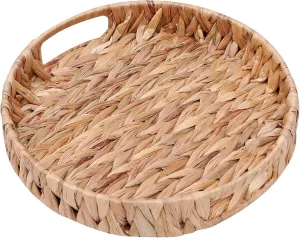 Coffee Table Tray Round Ottoman Tray Woven Serving Trays with Handles,Water Hyacinth Storage Baskets Wicker Serving Traysfor Home and Kitchen Decorative (11.8inch x1.9 inch)