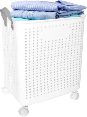 Collapsible Laundry Baskets With Wheels,Laundry Hamper,Foldable Rolling Laundry Basket Plastic With Handles& Breathable, 62L(16Gallon) White