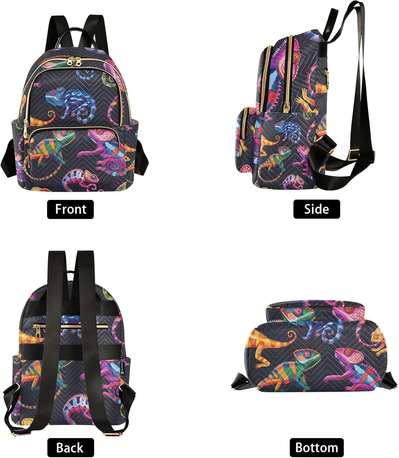 Colorful Lizard Black Women Fashion Backpack Purse Multi Pockets Rucksack Travel Shoulder Bag，S