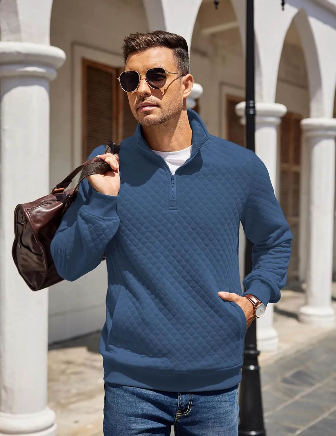 COOFANDY Mens Quarter Zip Pullover Quilted Sweatshirt Knit Long Sleeve Mock Neck Sweater Polo with Pocket