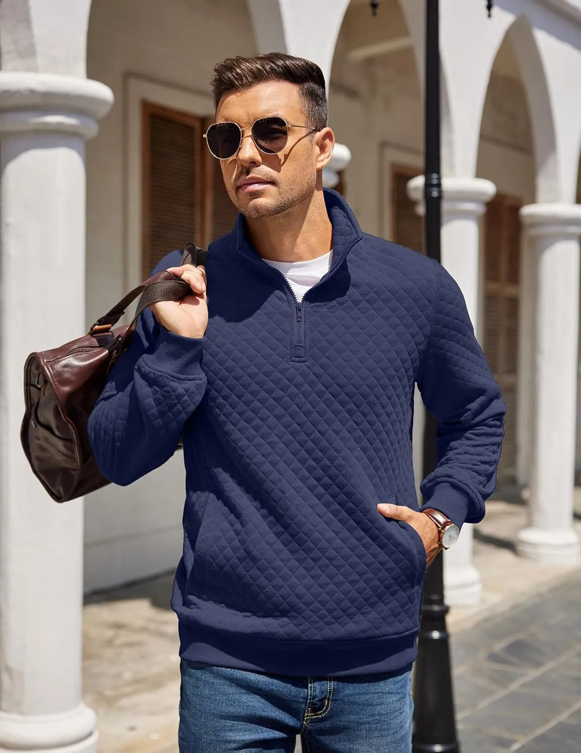 COOFANDY Mens Quarter Zip Pullover Quilted Sweatshirt Knit Long Sleeve Mock Neck Sweater Polo with Pocket