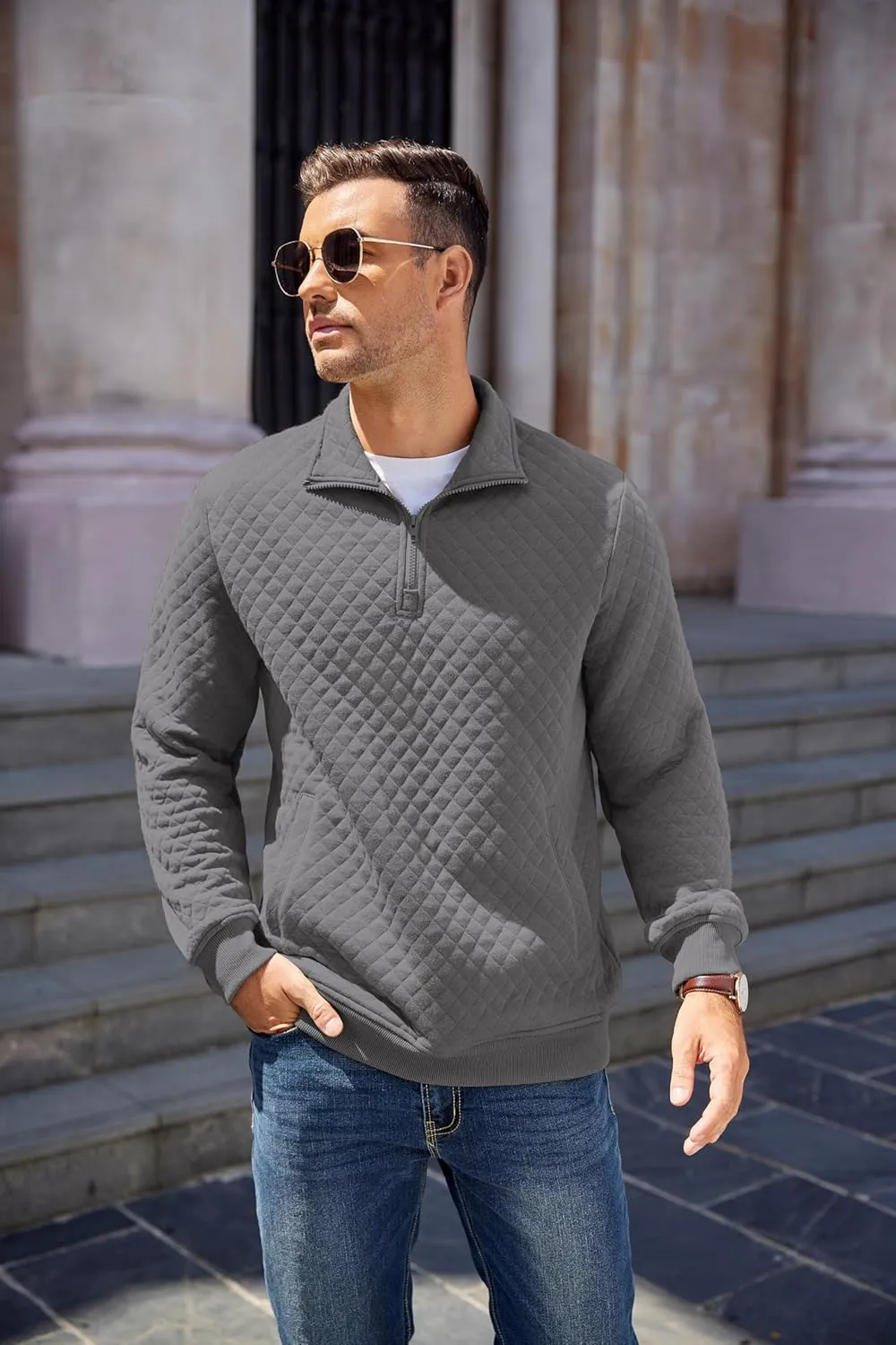 COOFANDY Mens Quarter Zip Pullover Quilted Sweatshirt Knit Long Sleeve Mock Neck Sweater Polo with Pocket