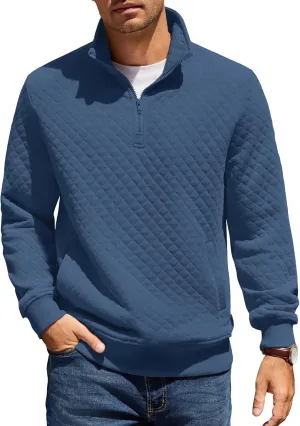 COOFANDY Mens Quarter Zip Pullover Quilted Sweatshirt Knit Long Sleeve Mock Neck Sweater Polo with Pocket